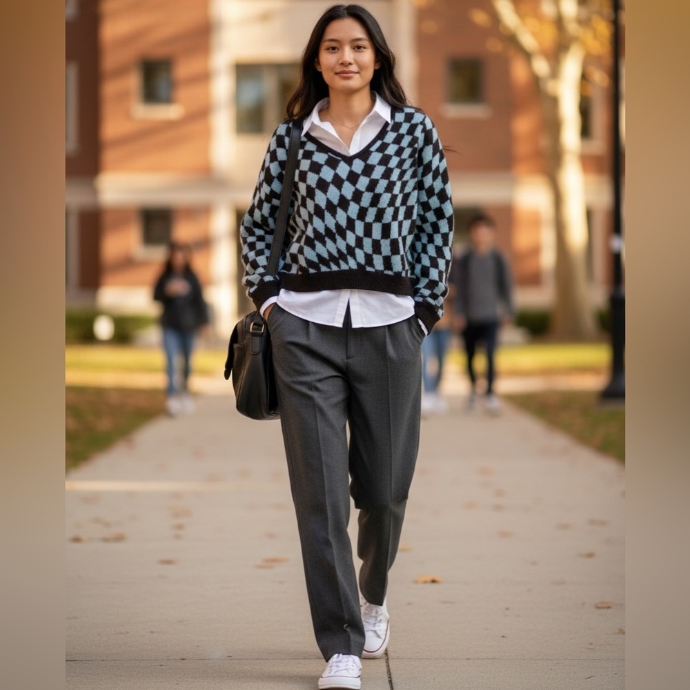 Witty Fox Light Blue Brown Argyle Sweater Cropped Oversized Preppy Academia XS